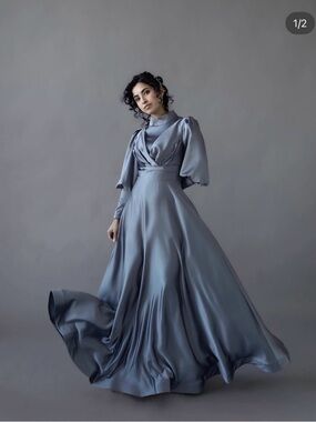 Satin Maxi Evening Gown in Dusty Blue with Puff Sleeves